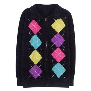 Alfred Dunner Black Argyle Print Chenille Collared Zip Cardigan |Size MP|